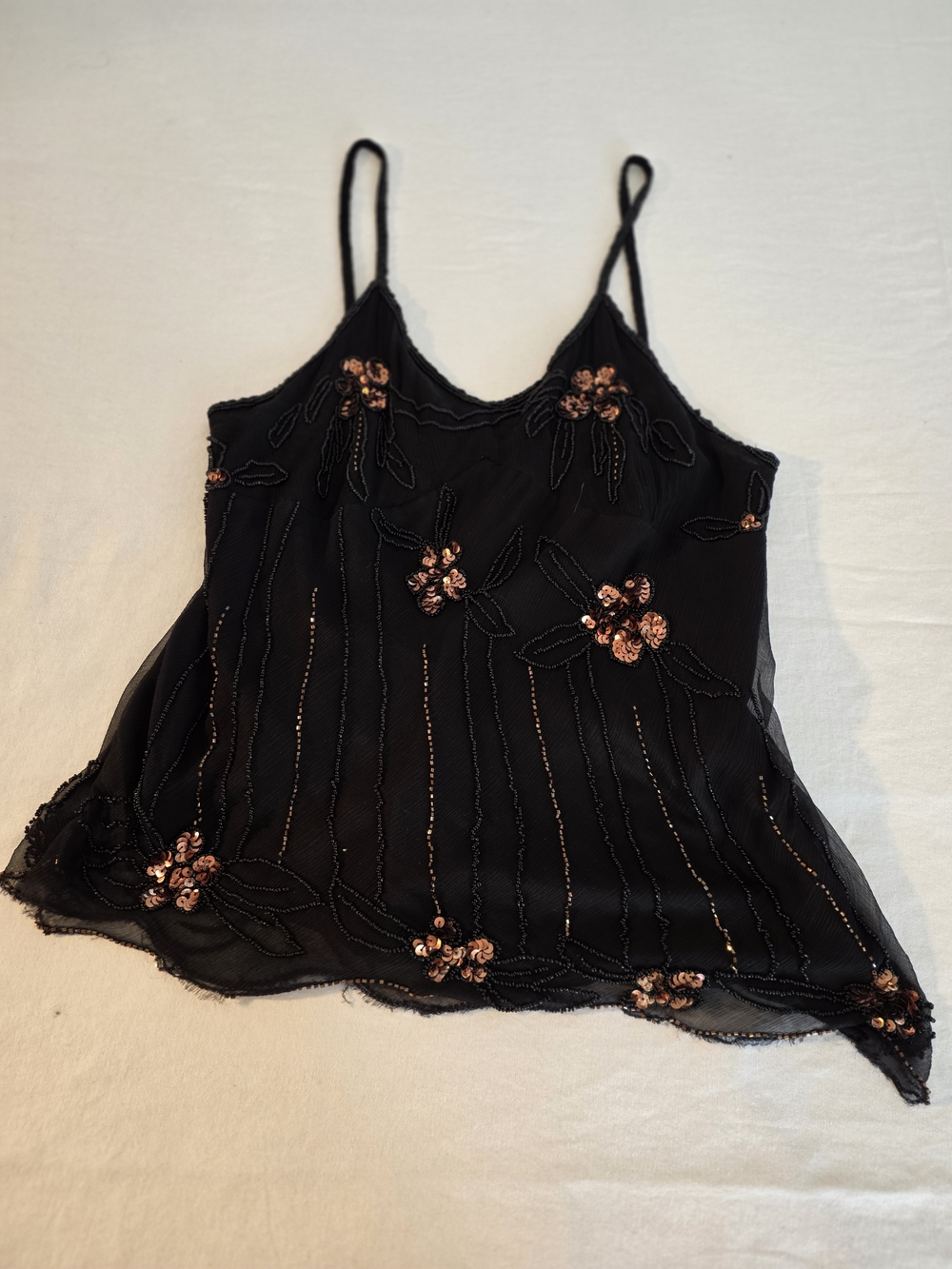 Hazelhazelhazel Black Beaded Embellished Floral Slip Top.